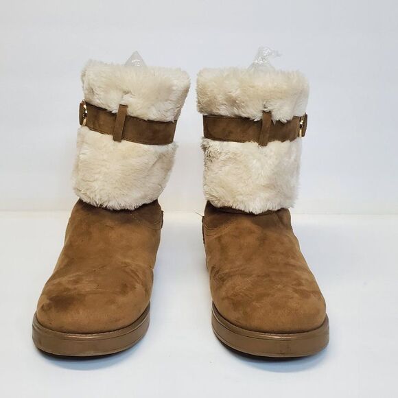 G by GUESS Women's Tan Suede, Faux Fur Trim Buckle Accent Pull-on Boots US 8.5 - Picture 1 of 7